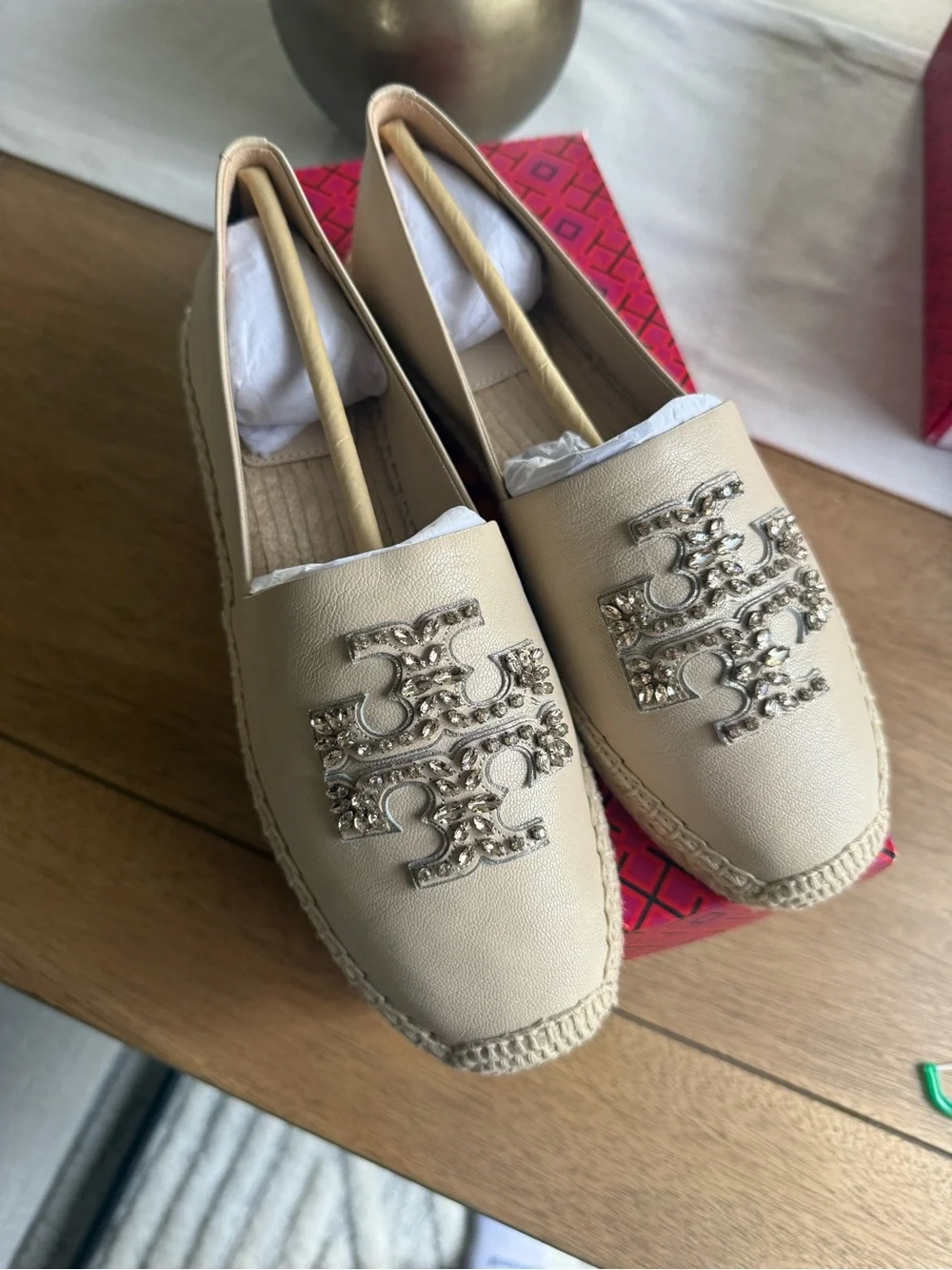 Tory Burch Beige Leather Espadrille Flats with Crystal Logo